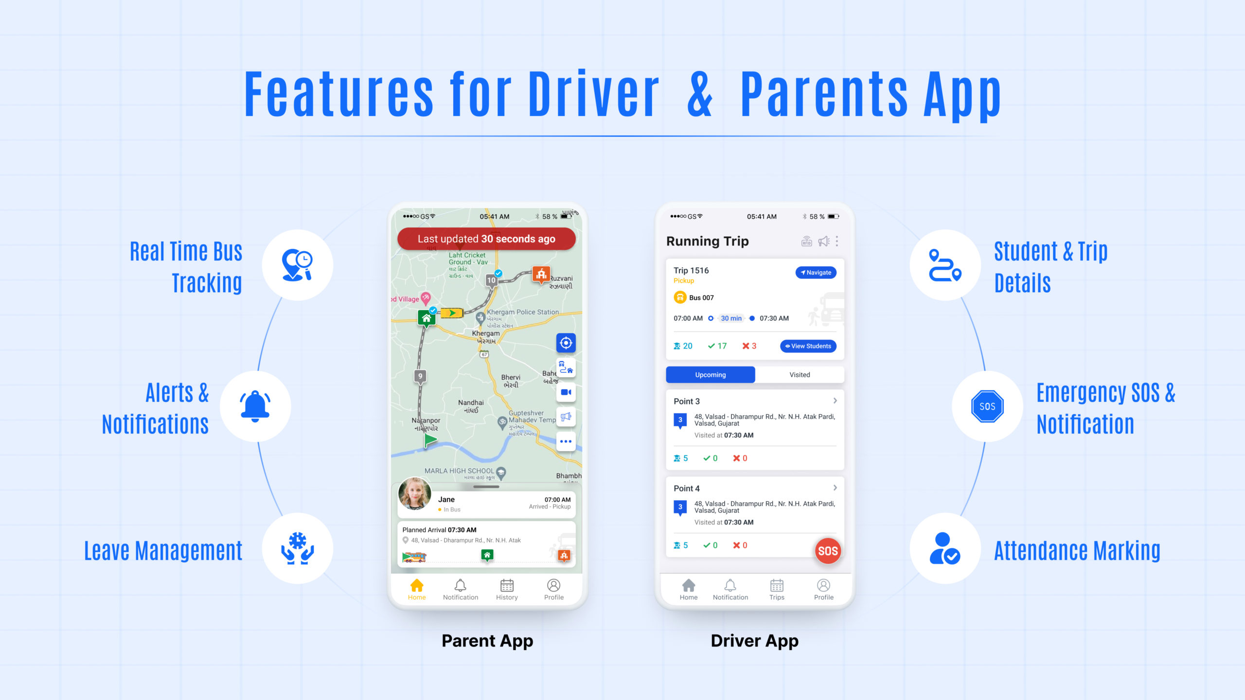 School Bus Driver & Parent App Features