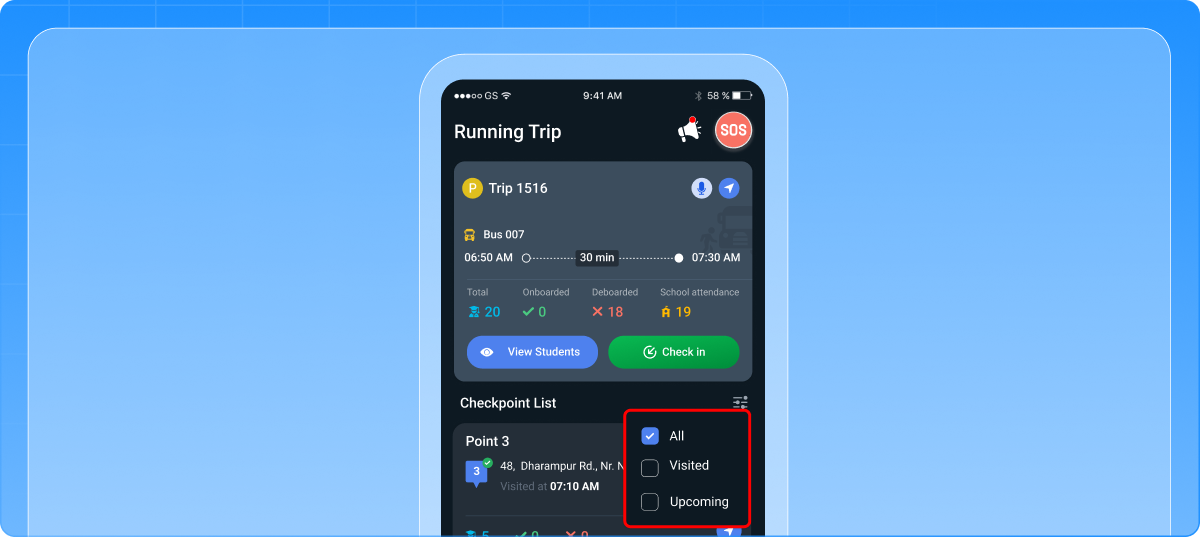 Unified Trip Checkpoints View in running trip for Driver App